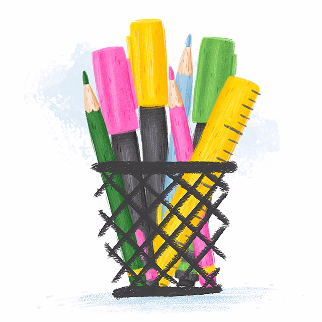 Illustration of colourful pencils in a holder, representing Tawn Moore’s creative studio
