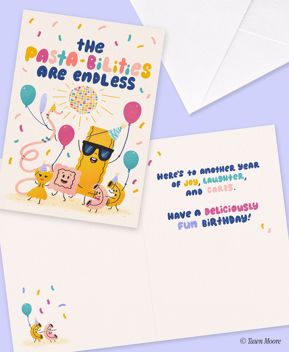 Playful birthday greeting card illustration featuring whimsical food characters by Tawn Moore