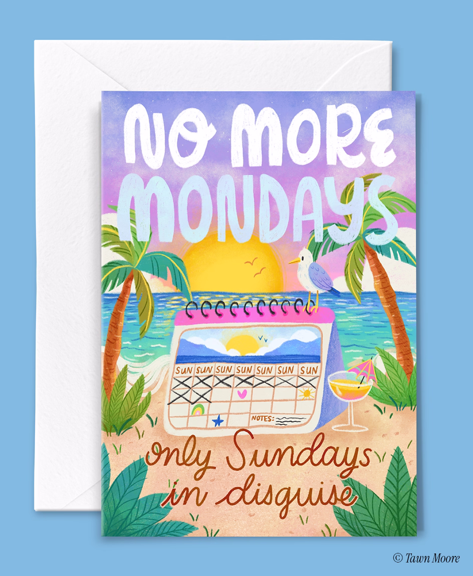 Retirement greeting card illustration with tropical humour and hand lettering by Tawn Moore