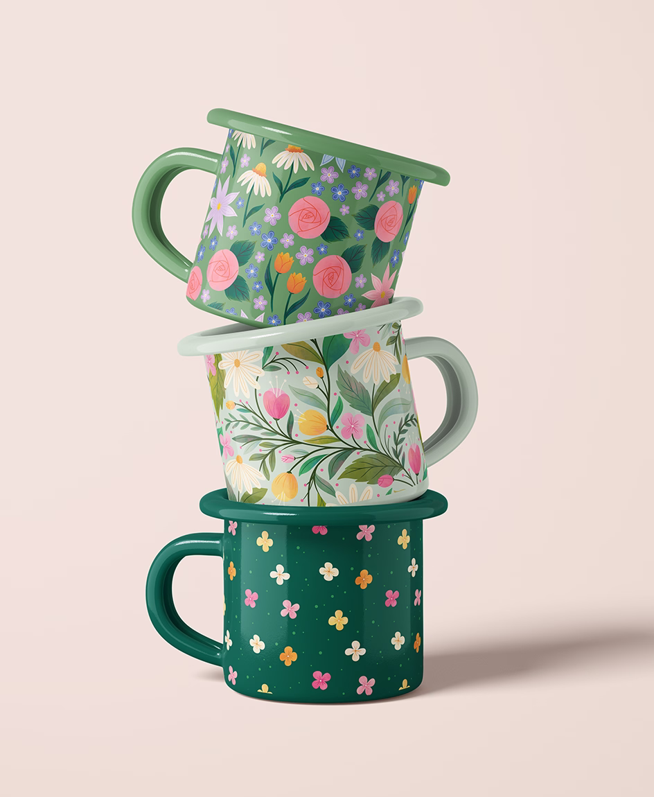 Illustration example applied to drinkware product mockups by Tawn Moore
