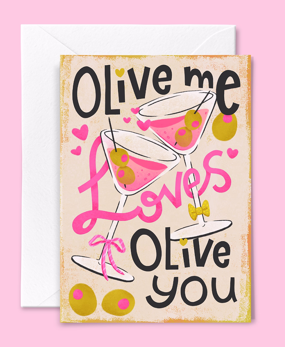 Valentine’s Day olive pun greeting card illustration with hand lettering by Tawn Moore