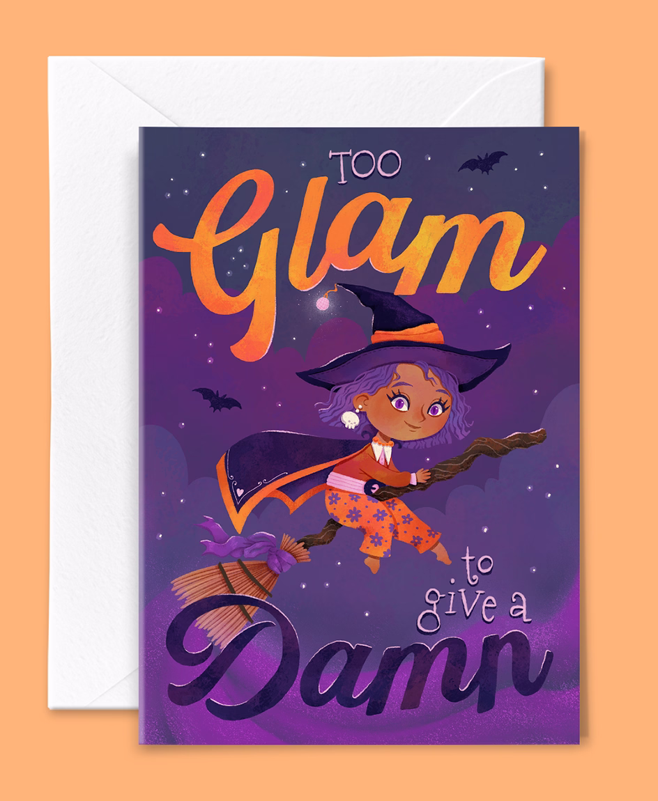 Halloween greeting card illustration featuring a stylish witch character by Tawn Moore